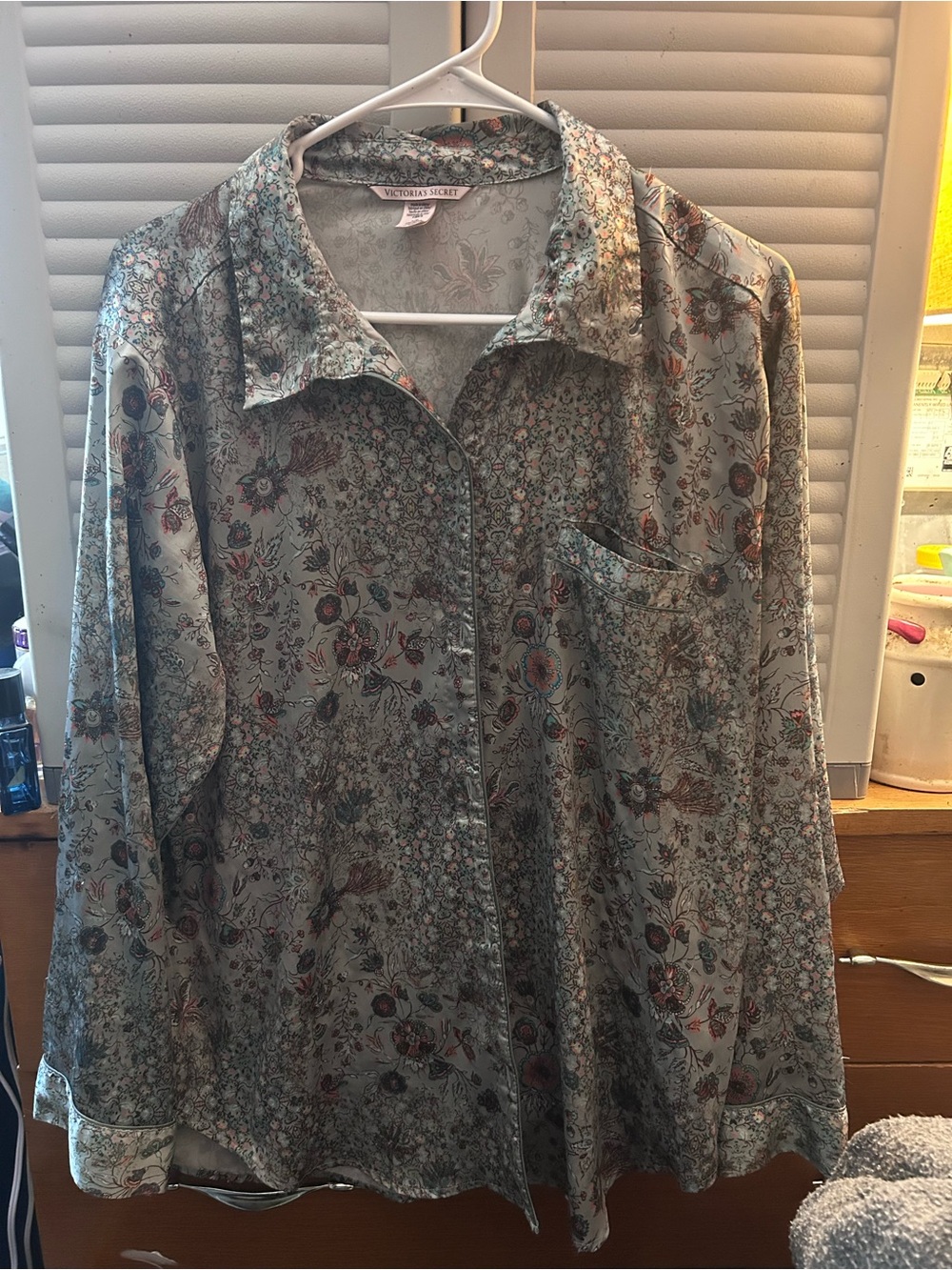 Victoria's Secret Floral Silk Button-Up Blouse in Sage and Rust